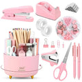 SKYDUE Pink Desk Accessories 10Pcs, Rotating Pen Collection