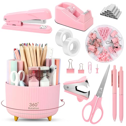 SKYDUE Pink Desk Accessories 10Pcs, Rotating Pen Collection